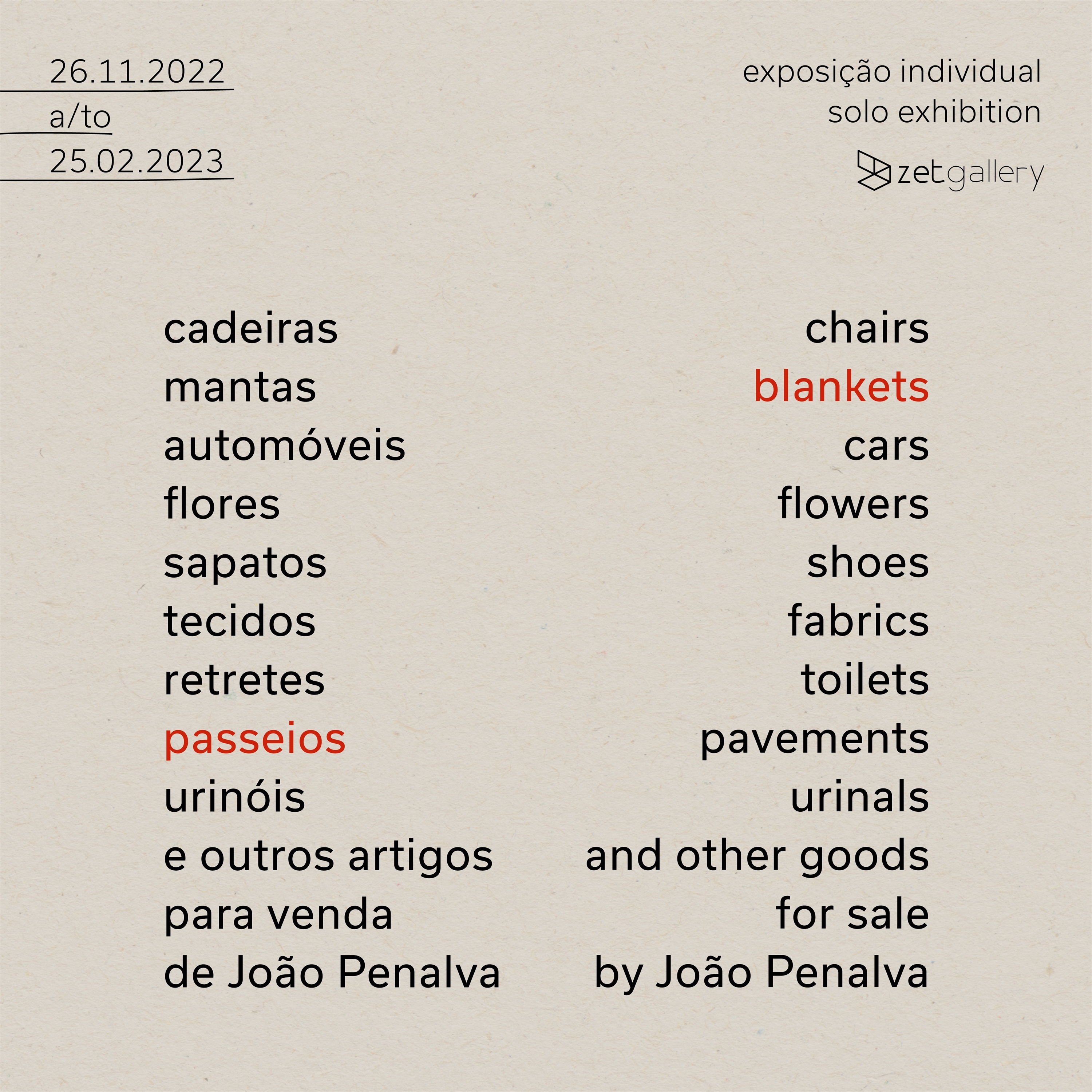 cadeiras, mantas, automóveis, flores, sapatos, tecidos, retretes, passeios, urinóis e outros artigos para venda de João Penalva