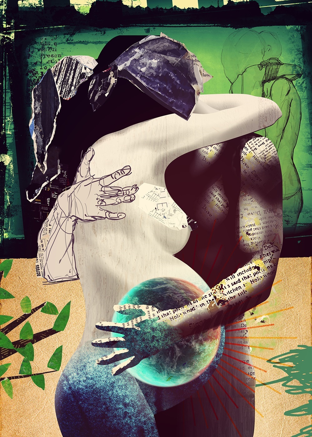 Triple hug (tela), original Abstract Collage Drawing and Illustration by Maria João Faustino