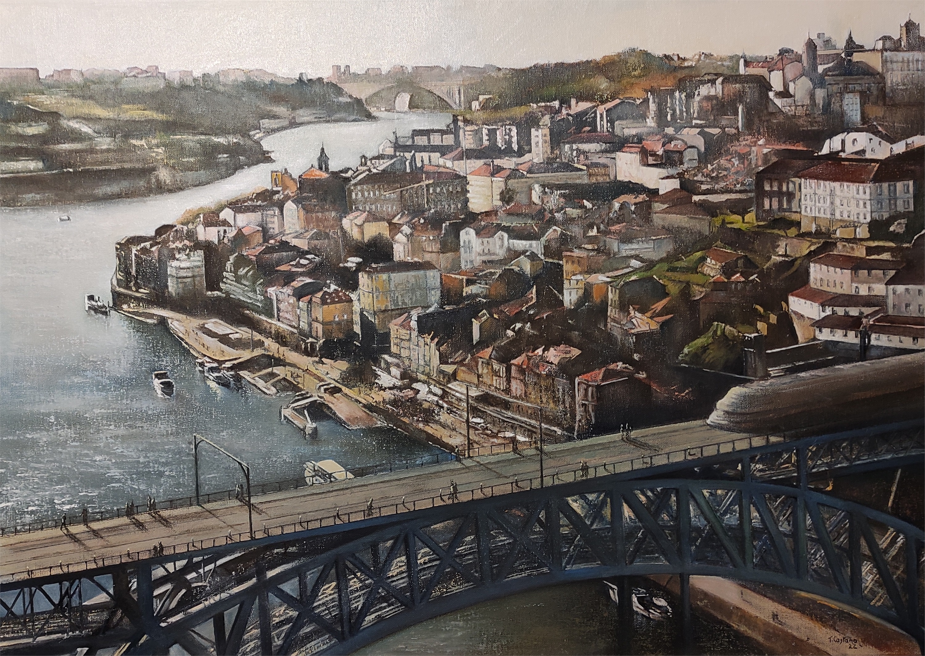 Panorámica aérea de Oporto, original Paisaje Petróleo Pintura de TOMAS CASTAÑO