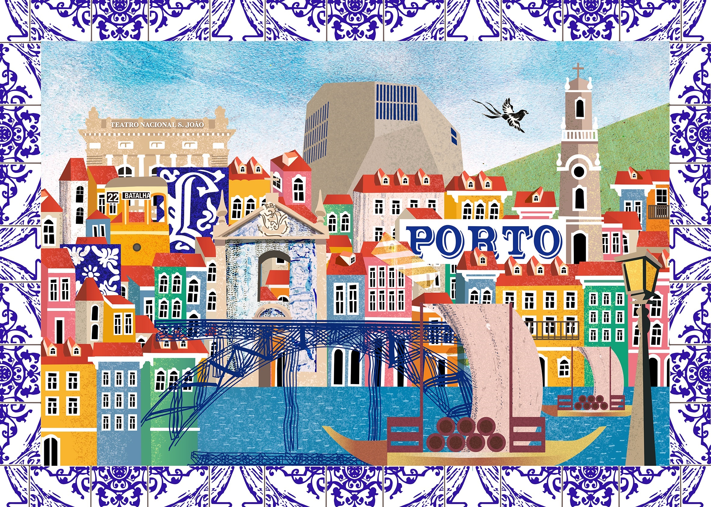 Porto, original Landscape Collage Drawing and Illustration by Maria João Faustino